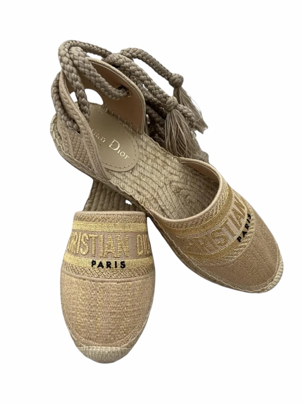 Christian Dior Granville Lace-Up Espadrille Flats Gold Beige Size Eu 39